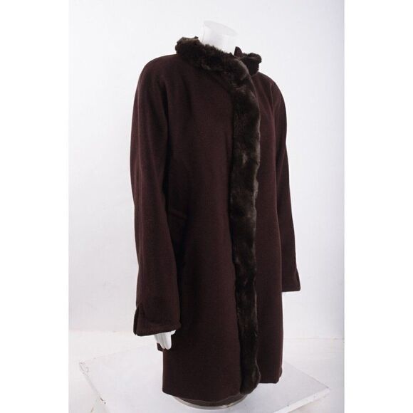 Ellen Tracy Womens Wool Coat Overcoat Mid length Brown Faux Fur Trim Sz US 4 - Picture 2 of 6